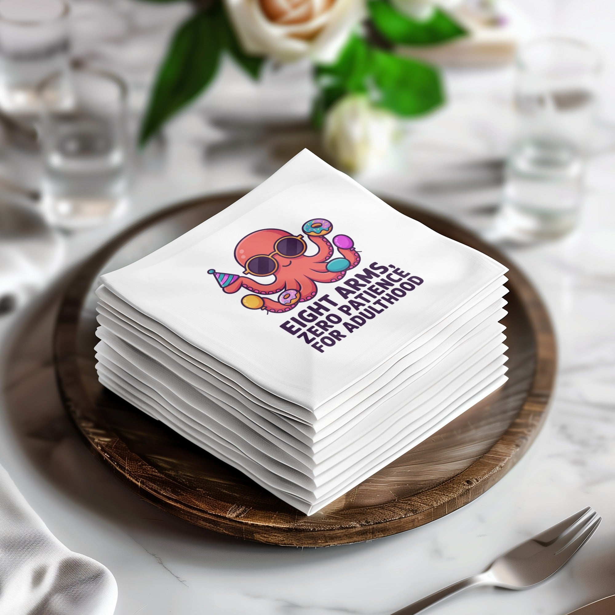 Stack of white cocktail napkins with "Eight Arms, Zero Patience for Adulthood" text and octopus graphic.