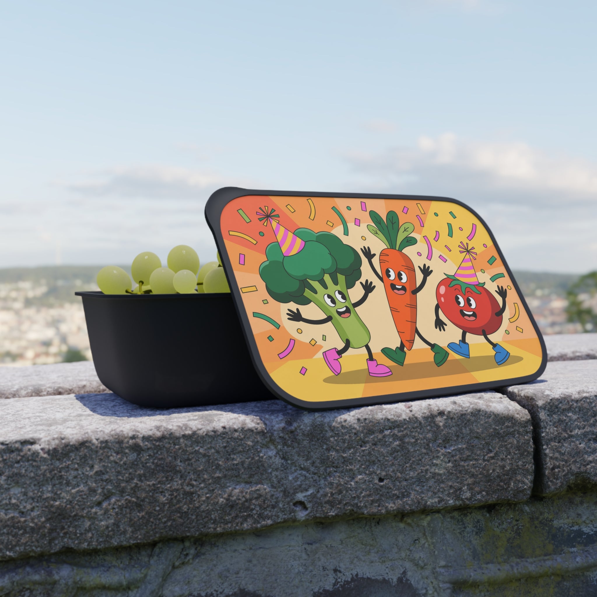 Lunchbox lid with cartoon broccoli, carrot, and tomato celebrating with party hats.