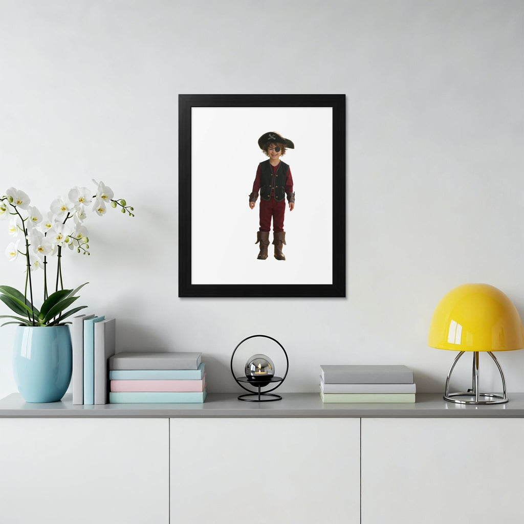 Child in pirate costume with hat and boots in framed portrait.