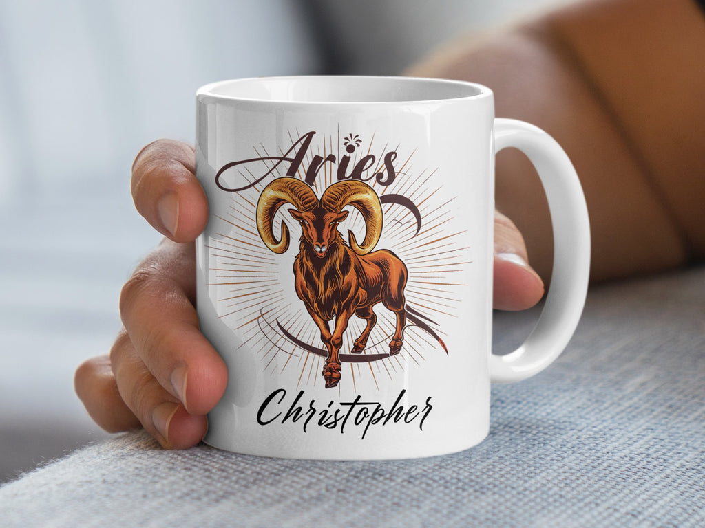 White mug with Aries ram zodiac symbol and "Christopher" text.