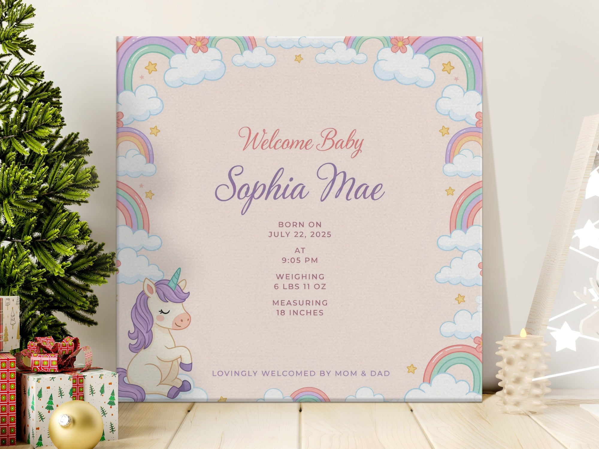 Baby Sophia Mae birth details with unicorn, rainbows, and clouds.