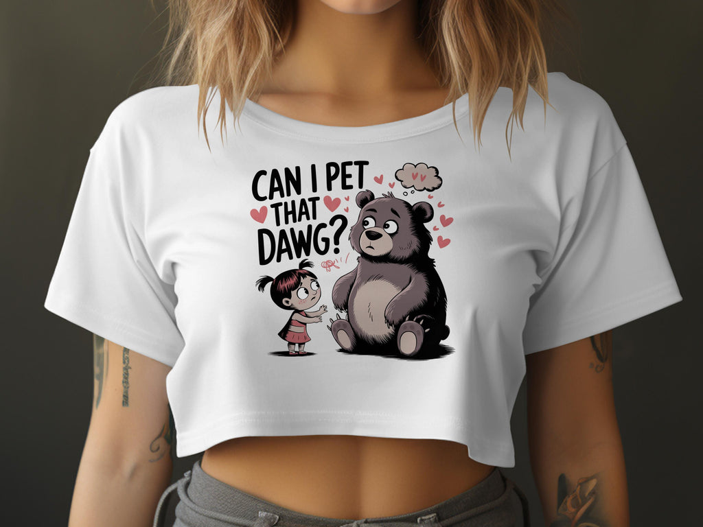 Girl asks a nervous bear "Can I pet that dawg?" with hearts above.