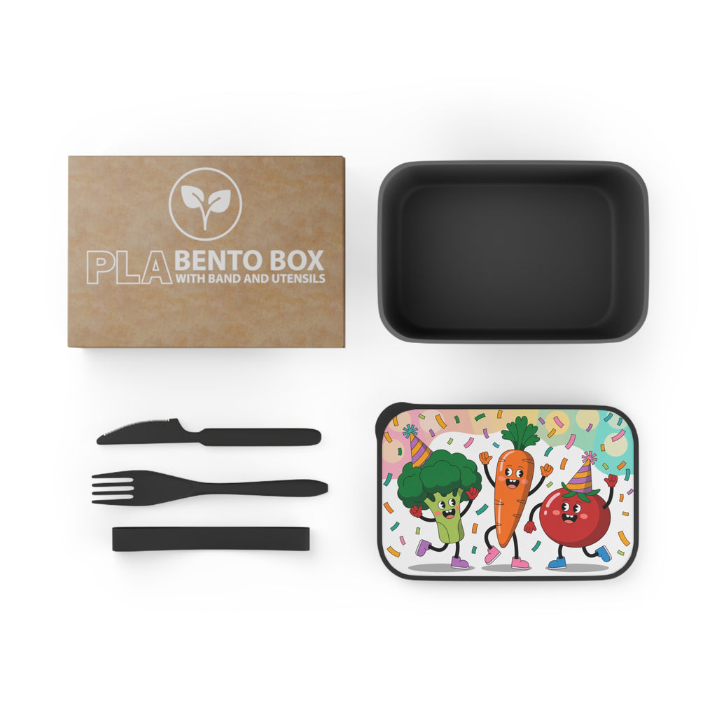 PLA Bento Box with utensils and lid featuring cartoon broccoli, carrot, and tomato.
