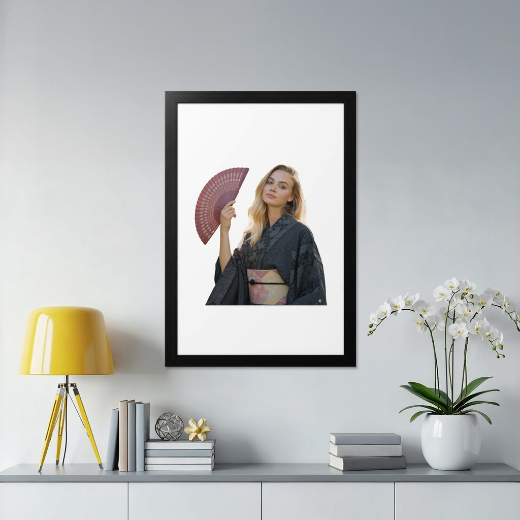 Woman in dark kimono holding red fan, framed portrait on shelf.