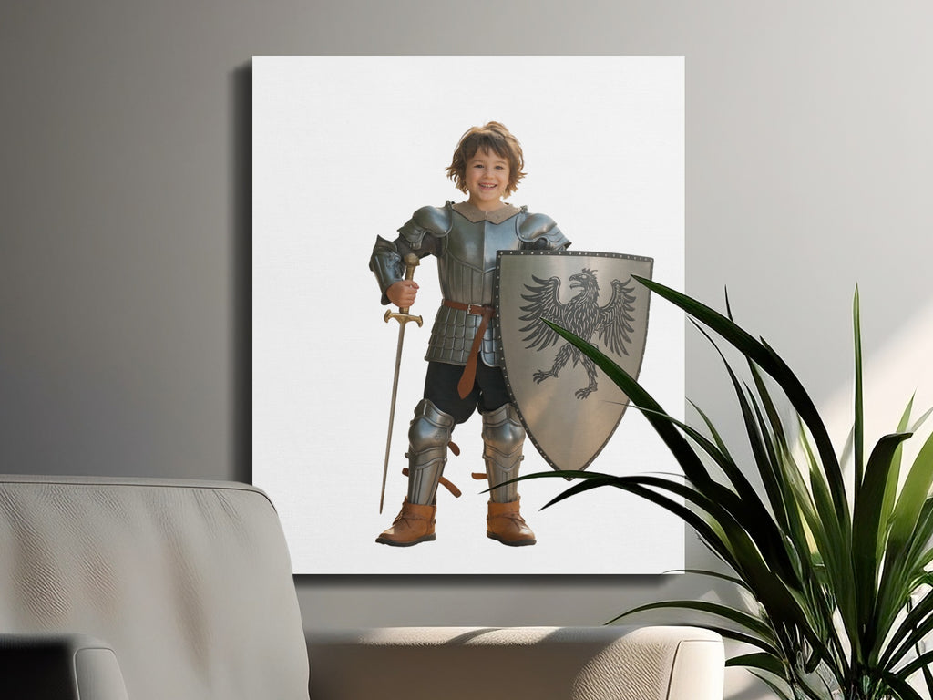 Child in knight's armor holding sword and shield, smiling.