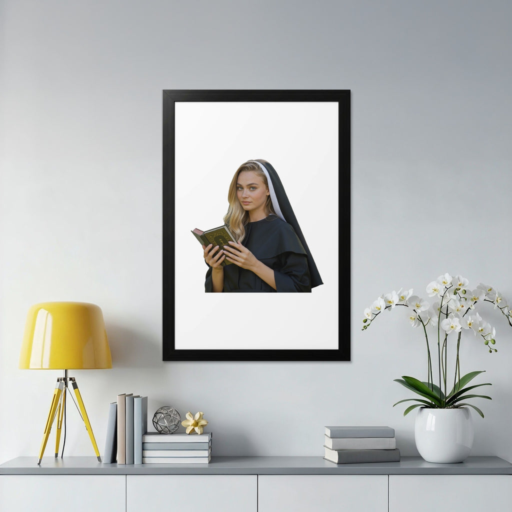 Woman in nun's habit reads from a book, framed print.