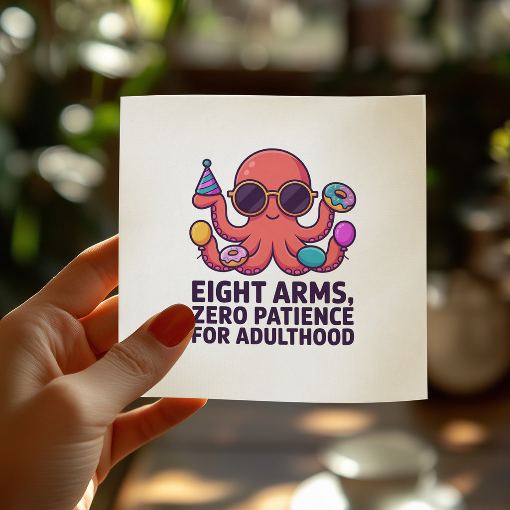 Cartoon octopus wearing sunglasses and party hat, holding donuts.