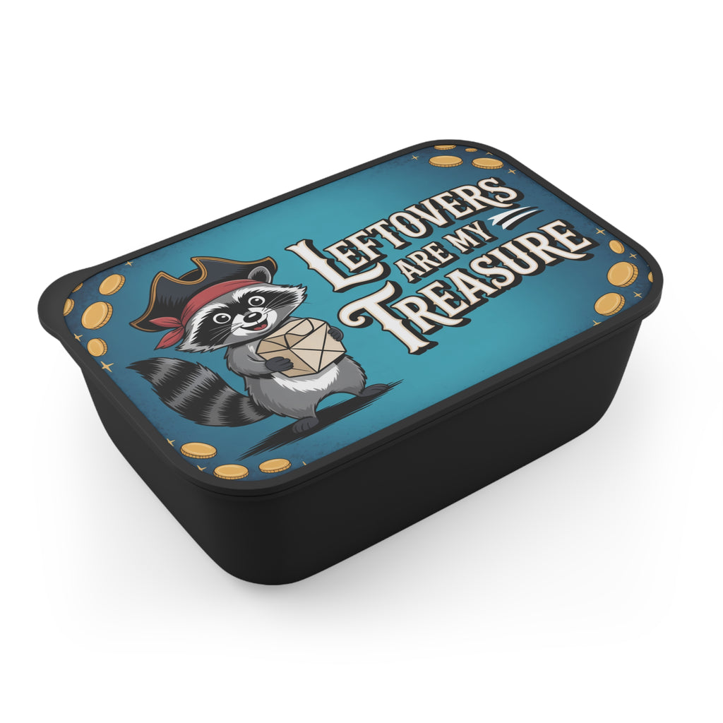Pirate raccoon holding treasure chest on lunchbox with "Leftovers Are My Treasure" text.