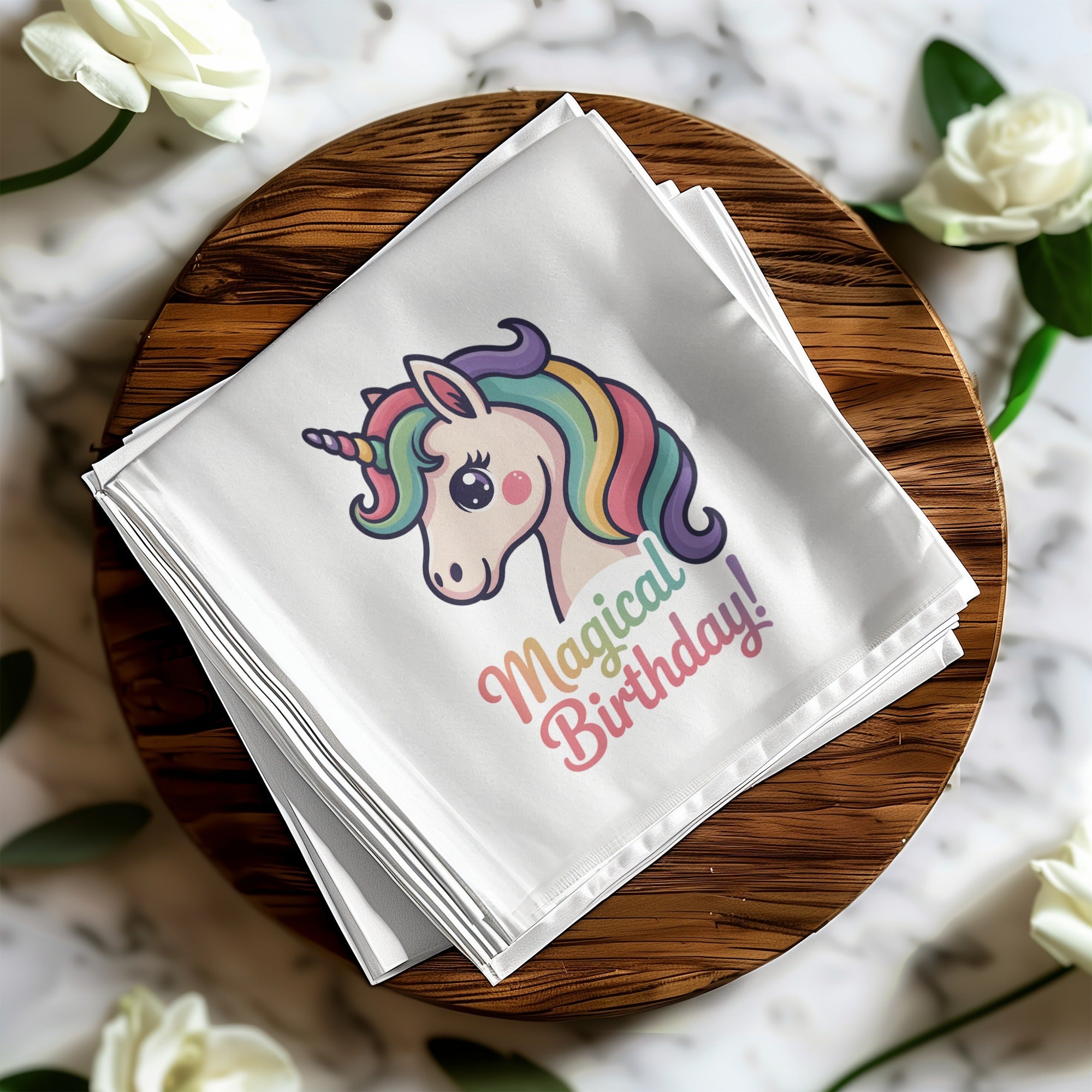 White napkin with colorful unicorn and "Magical Birthday!" text.