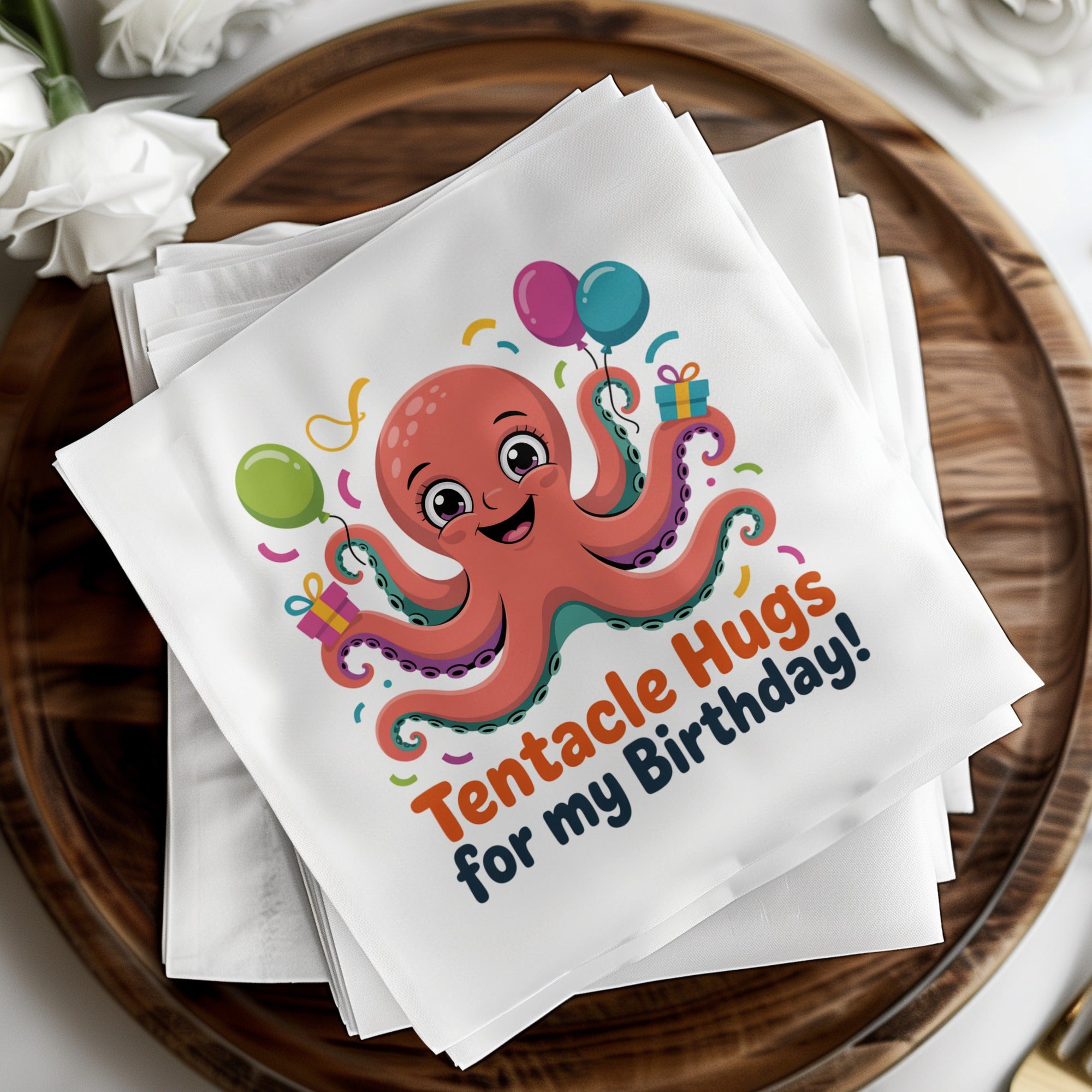 Napkins with a smiling octopus holding balloons and presents, reading "Tentacle Hugs for my Birthday!".