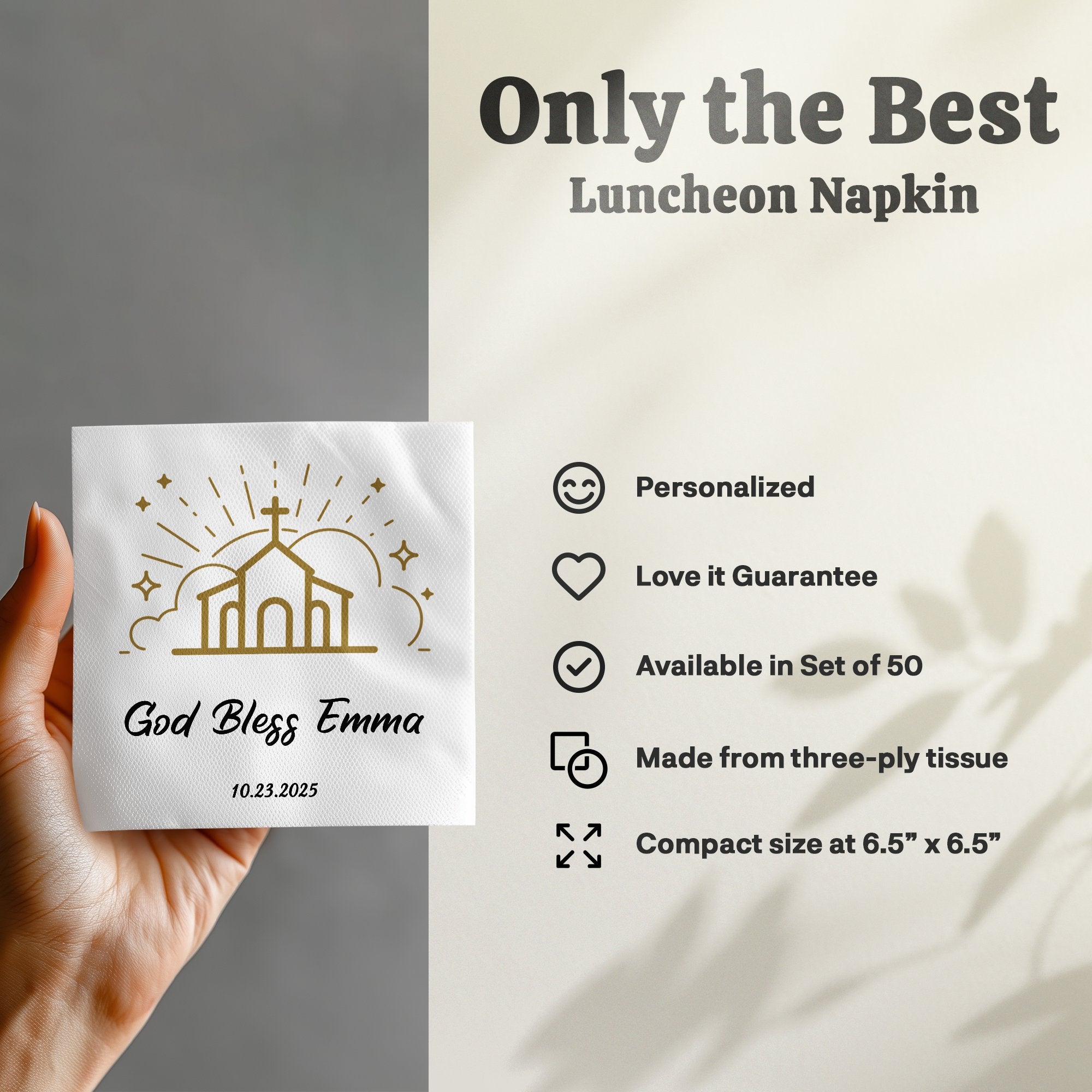 Luncheon napkin with "God Bless Emma" and date, personalized, set of 50.