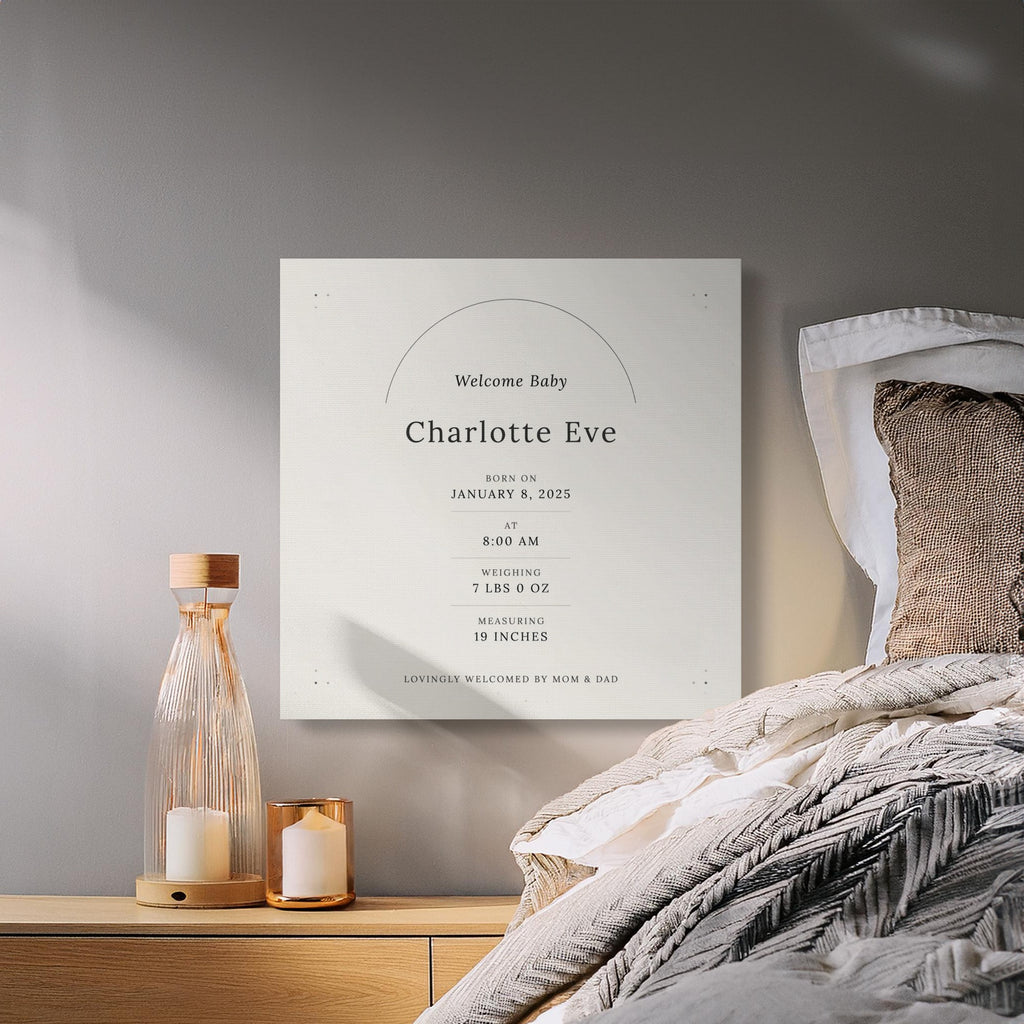 Custom birth announcement for Charlotte Eve, born January 8, 2025.