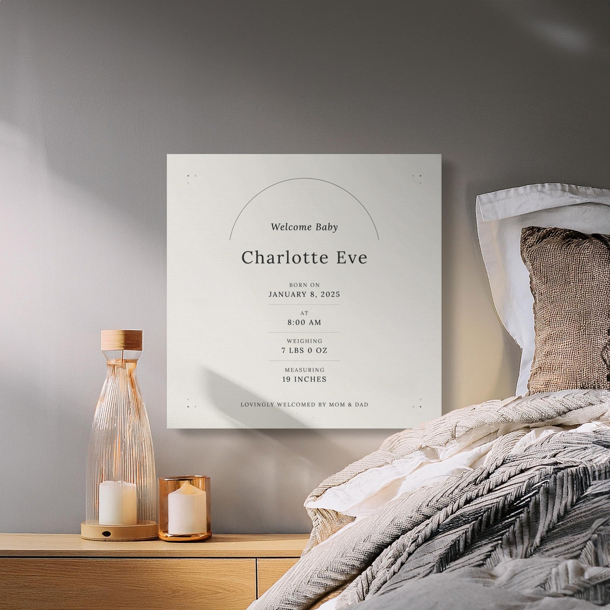 Custom birth announcement for Charlotte Eve, born January 8, 2025.