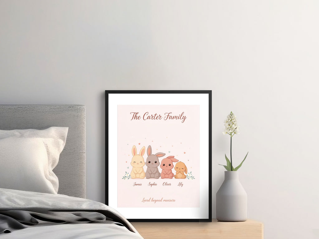 Framed print of cartoon bunnies with names James, Sophie, Oliver, Lily, and "The Carter Family".