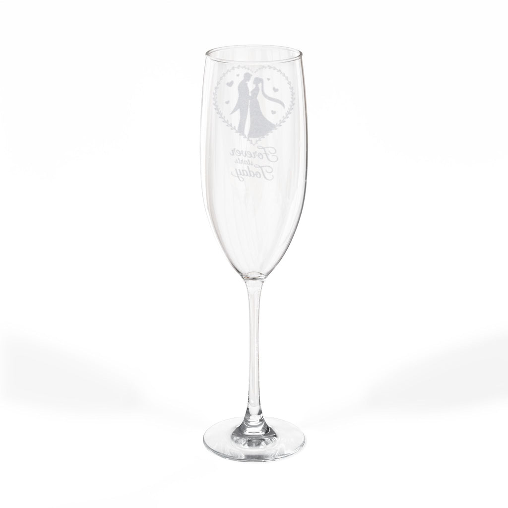Engraved champagne flute with "Forever and Always" text and couple silhouette.