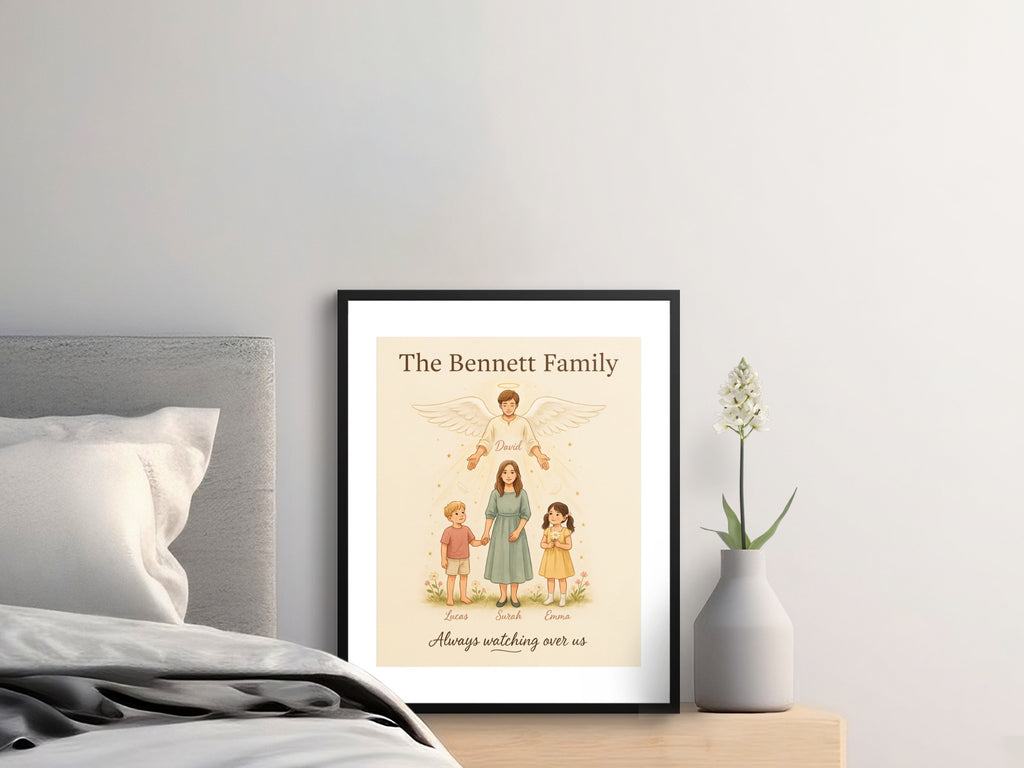 Custom family portrait with winged figure above and names Lucas, Sarah, and Emma.