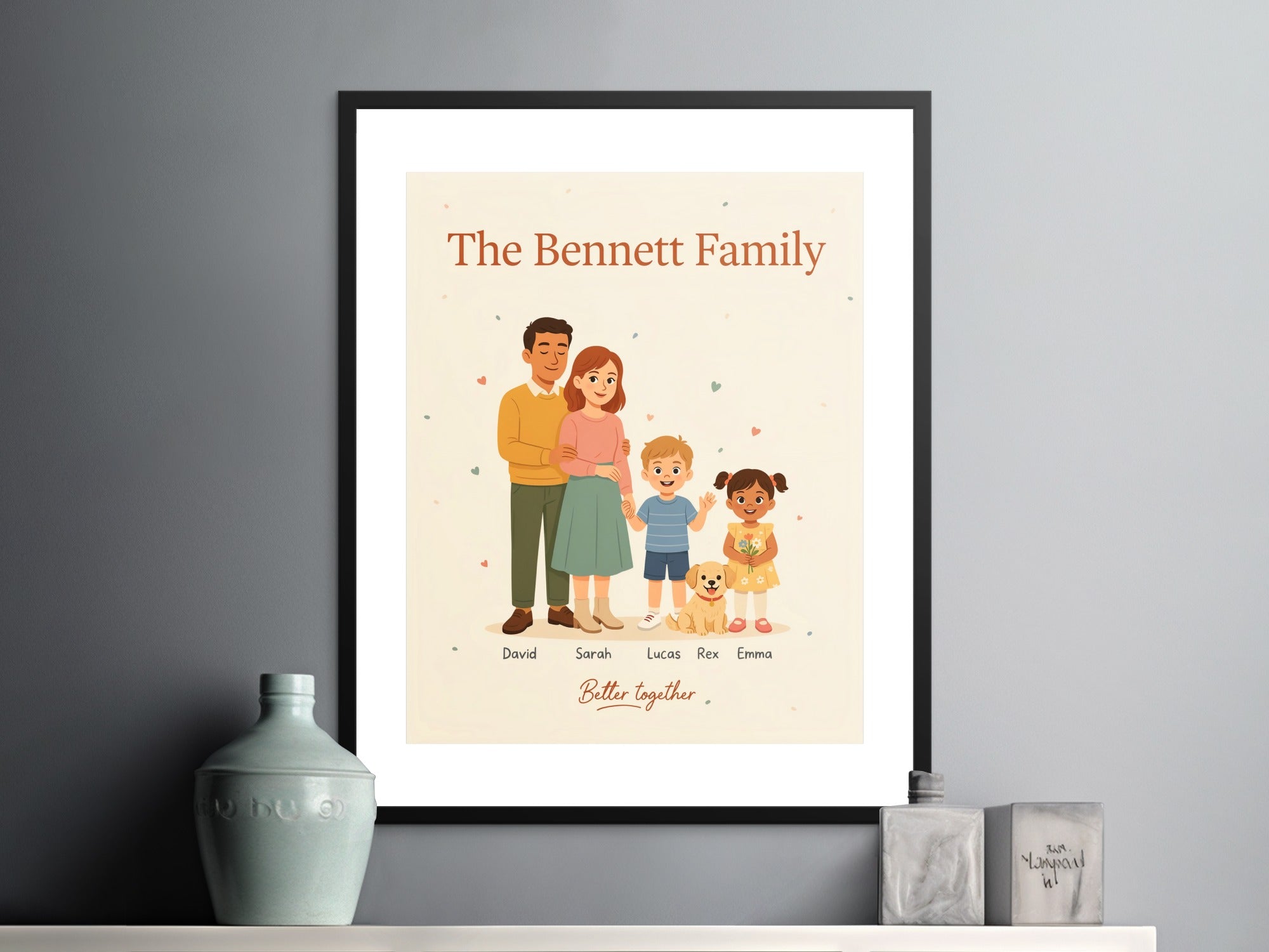 Customizable "The Bennett Family" artwork with names and "Better together" tagline.
