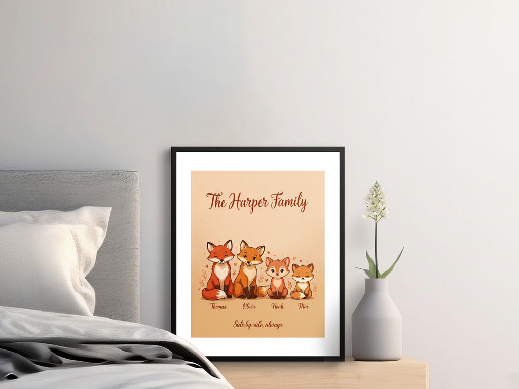 Harper Family fox print with names Thomas, Olivia, Noah, Mia and sentiment.
