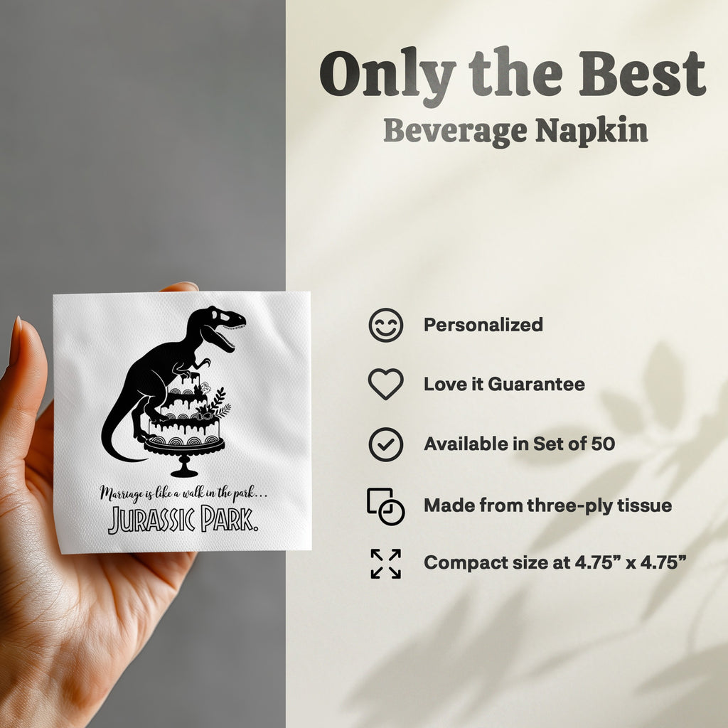 Napkin with Jurassic Park dinosaur and text "Marriage is like a walk in the park... JURASSIC PARK."