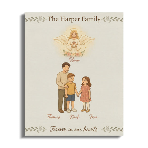 The Harper Family: Thomas, Noah, Mia, and Olivia with an angel above.