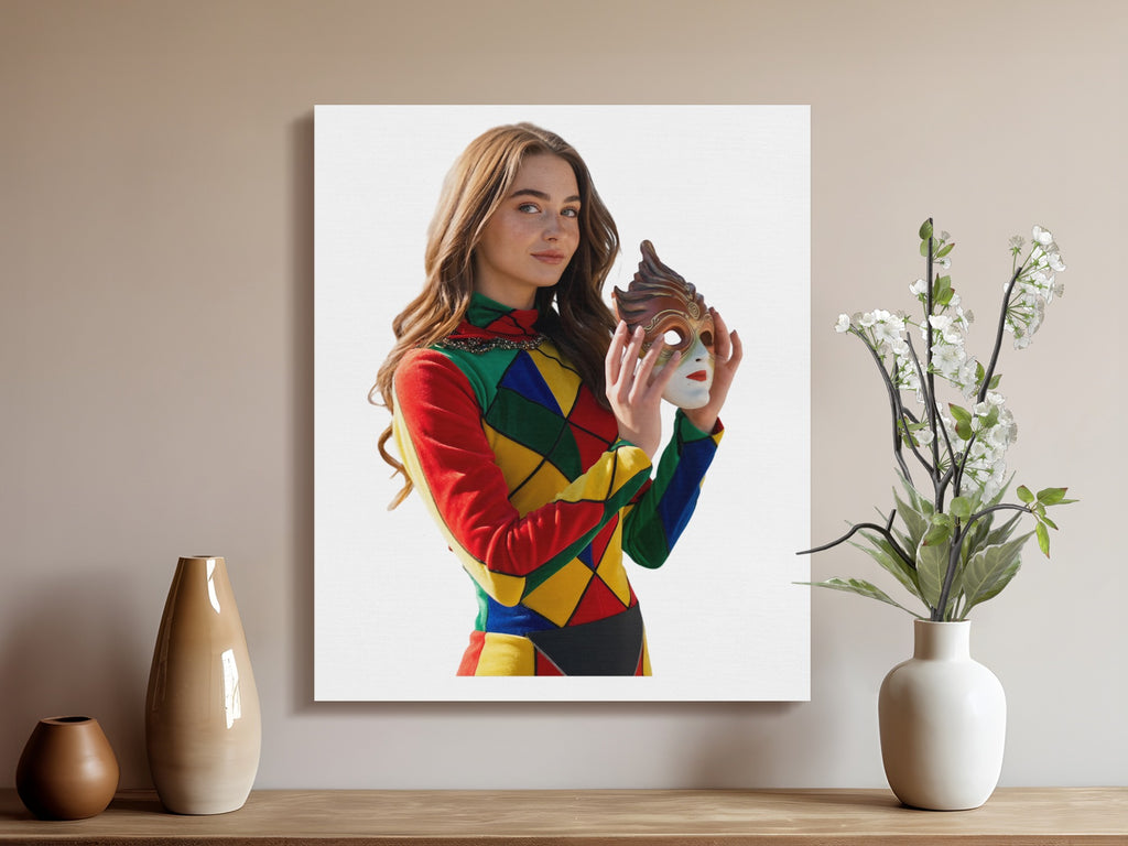 Young woman in colorful jester costume holding a Venetian mask.