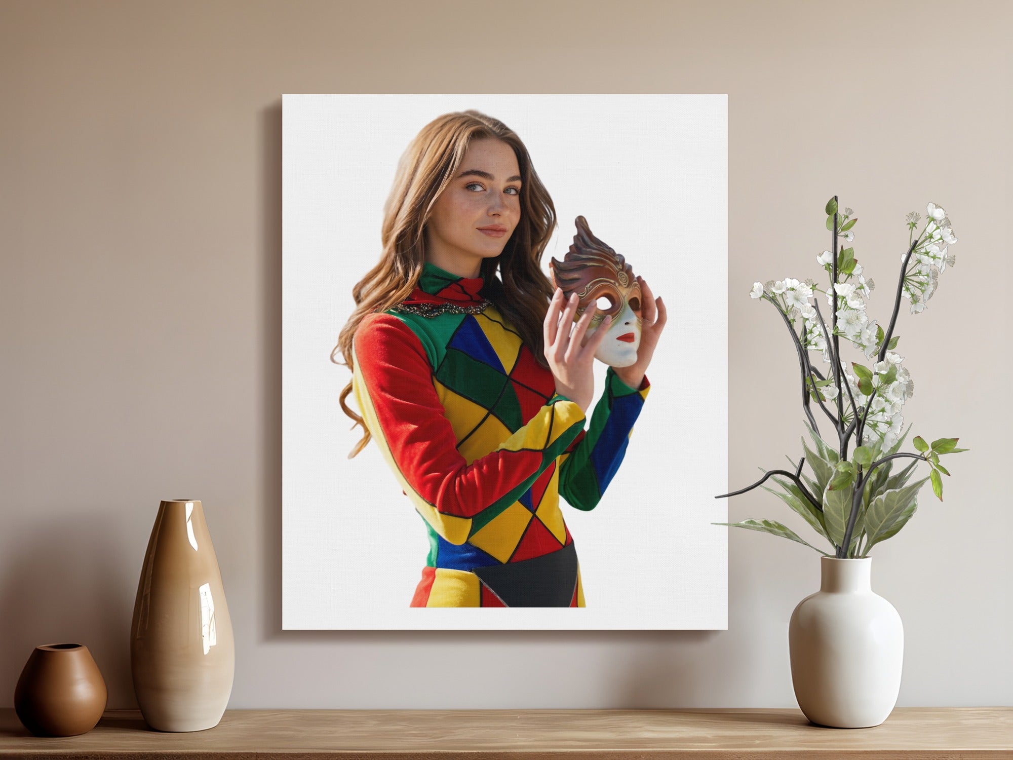 Young woman in colorful jester costume holding a Venetian mask.