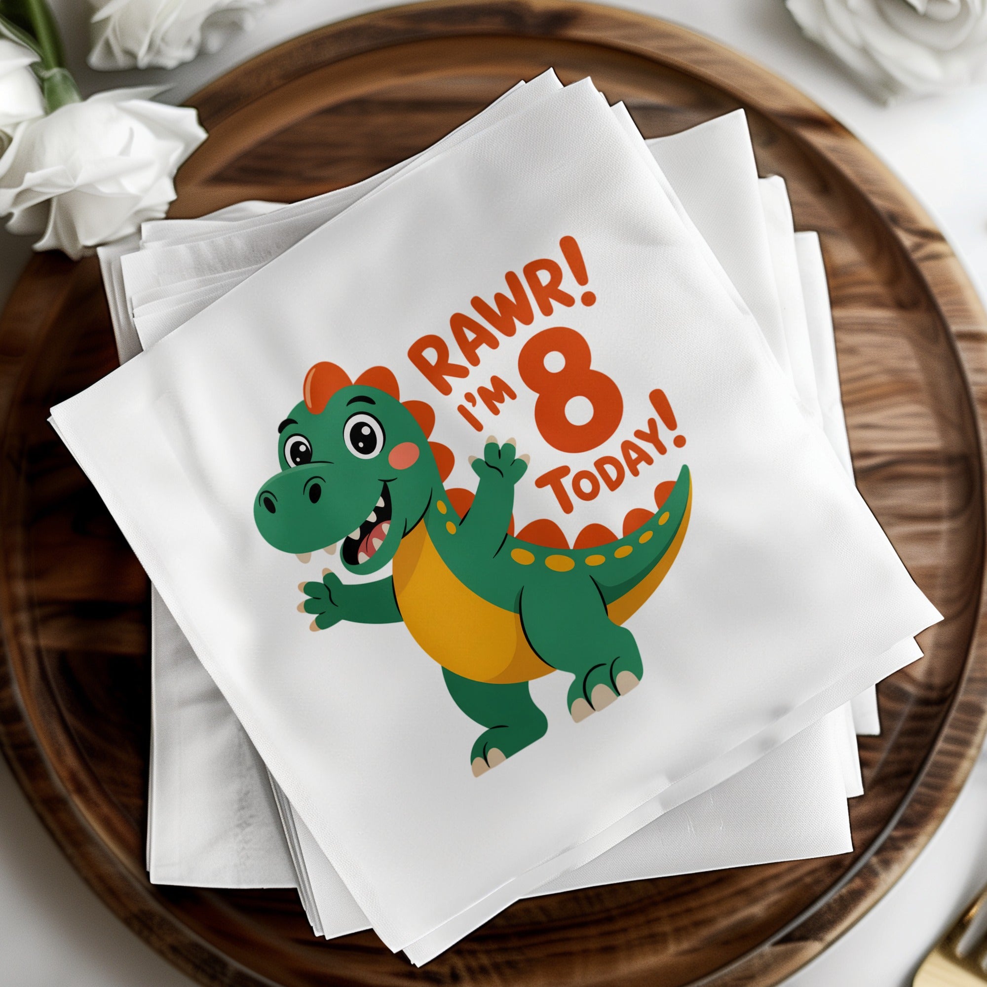 Green cartoon dinosaur with "Rawr! I'm 8 Today!" text.