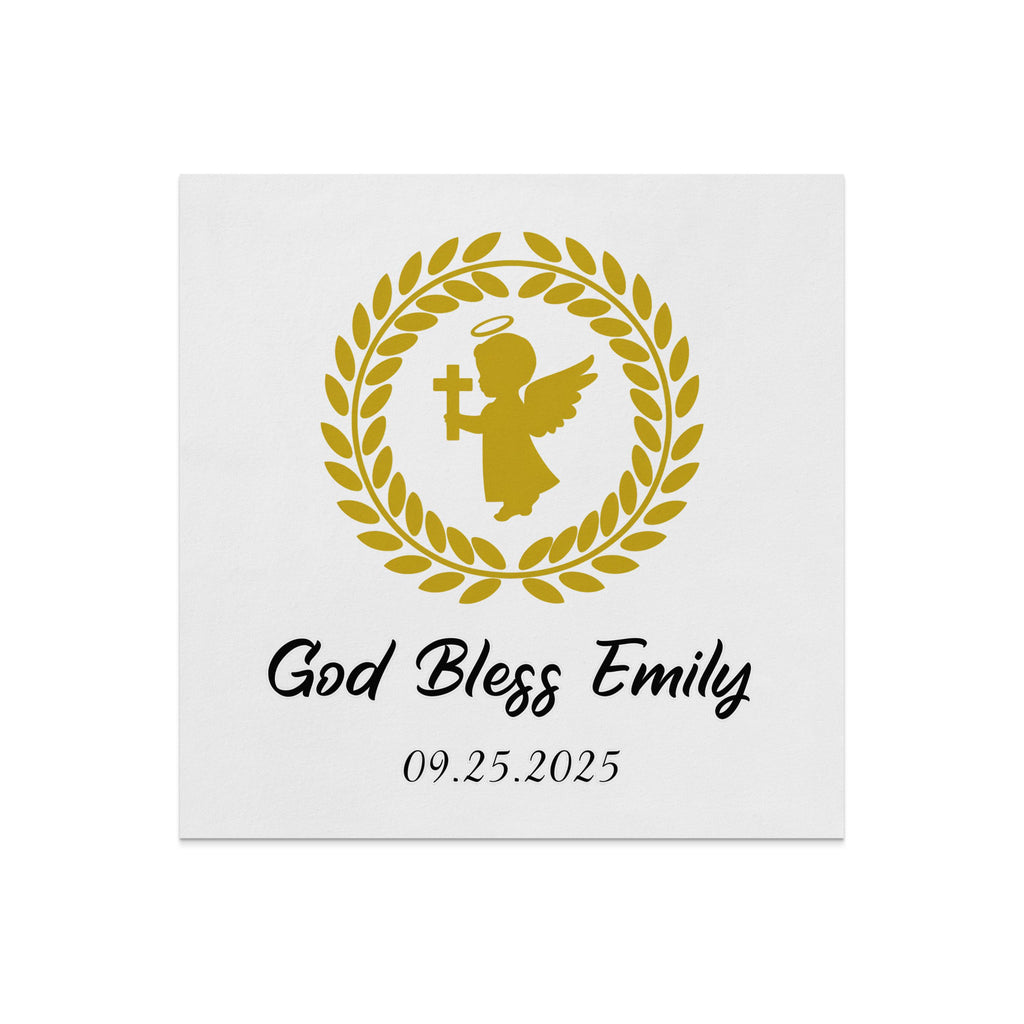 Gold angel with halo and cross within laurel wreath, text "God Bless Emily 09.25.2025".