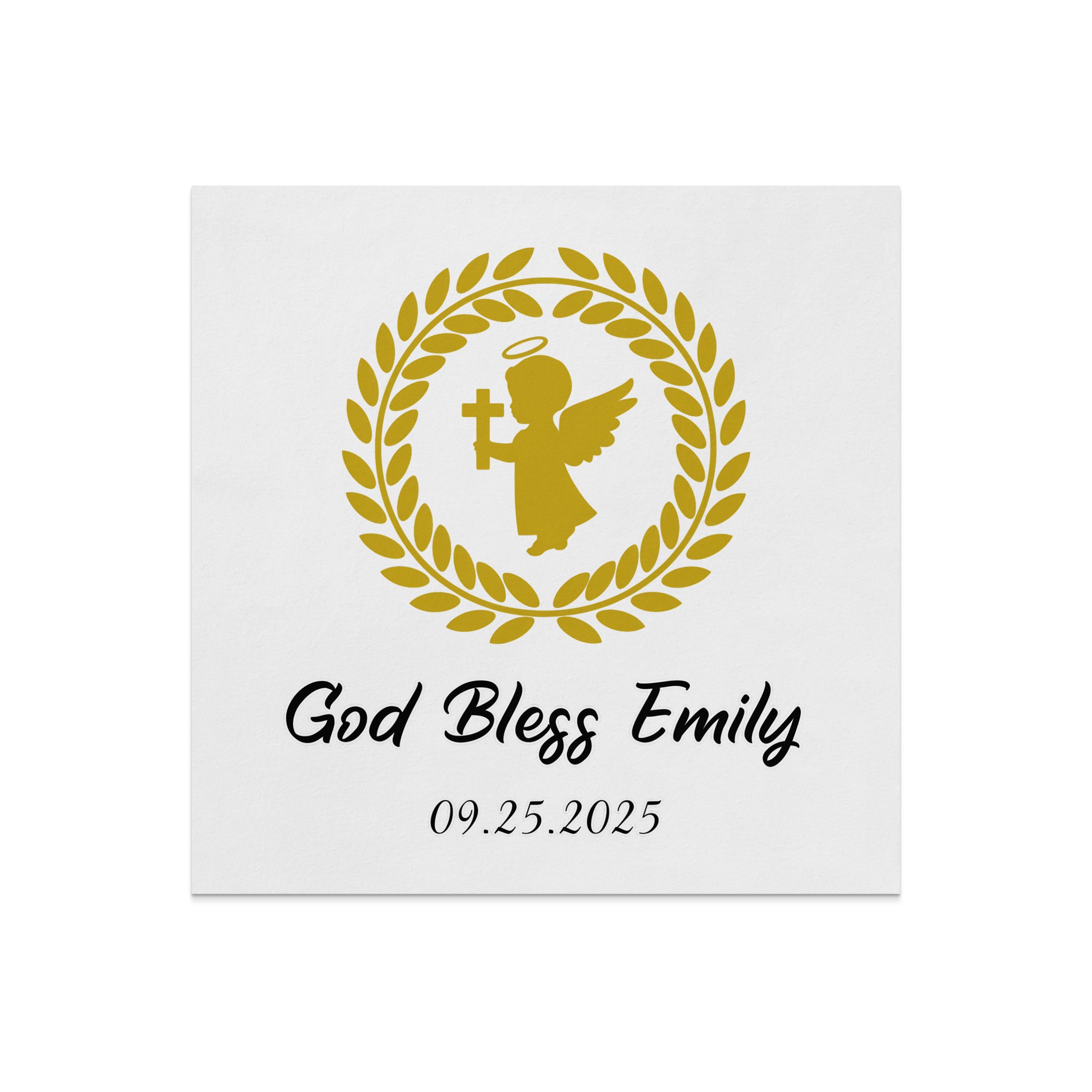 Gold angel with halo and cross within laurel wreath, text "God Bless Emily 09.25.2025".