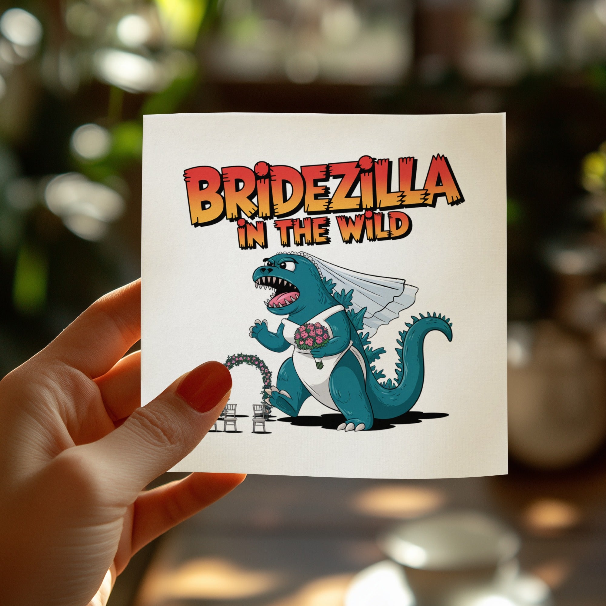 Bridezilla monster in wedding veil holding bouquet, with text "Bridezilla in the Wild".