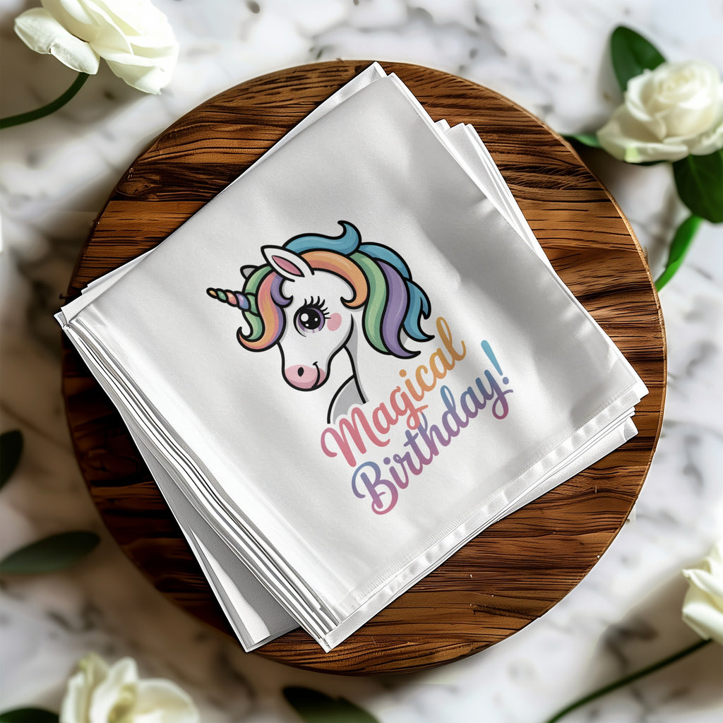 White napkin with a colorful unicorn and "Magical Birthday!" text.