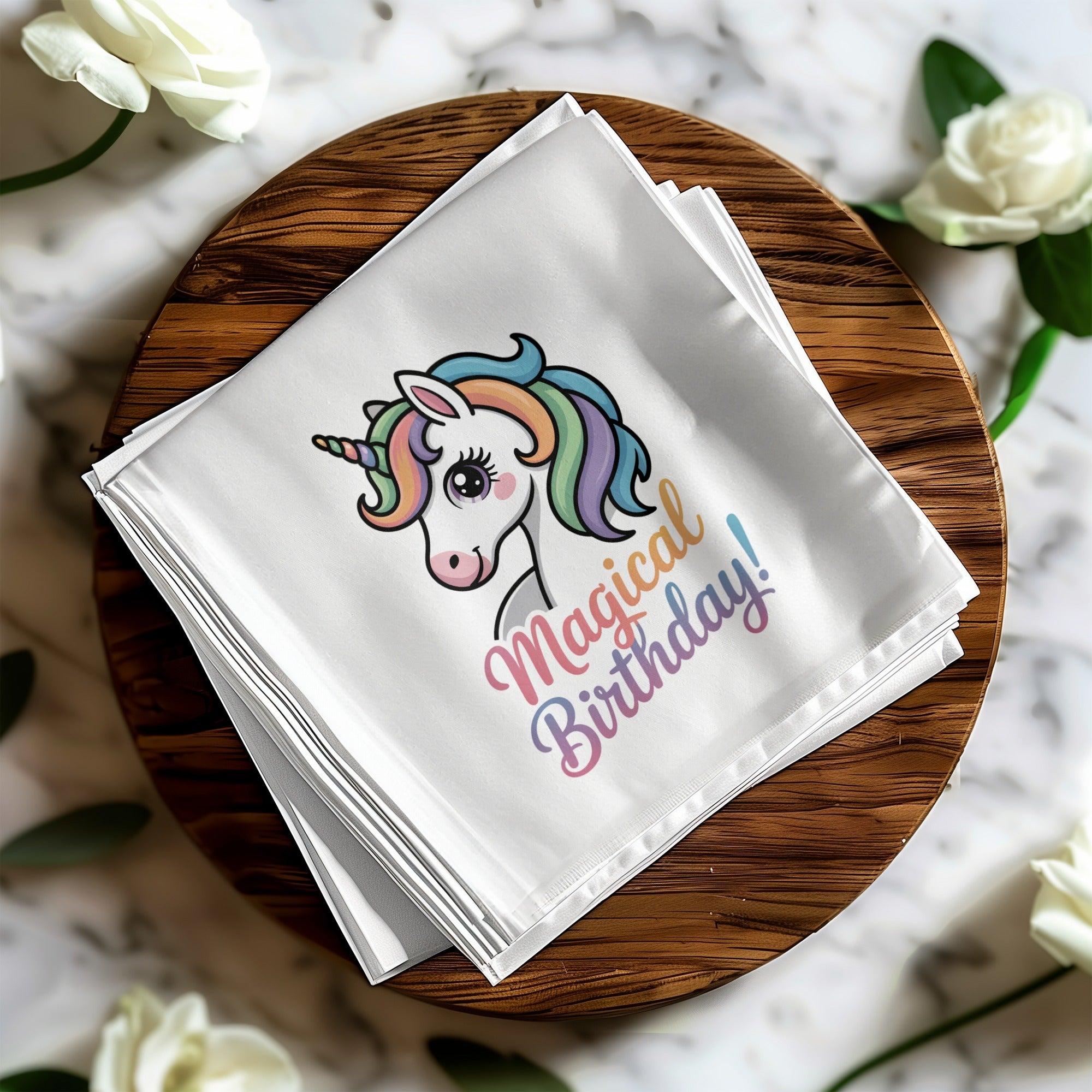 White napkin with a colorful unicorn and "Magical Birthday!" text.