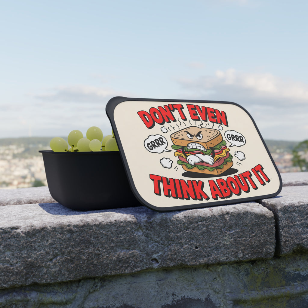 Lunchbox with cartoon sandwich and text "DON'T EVEN THINK ABOUT IT".