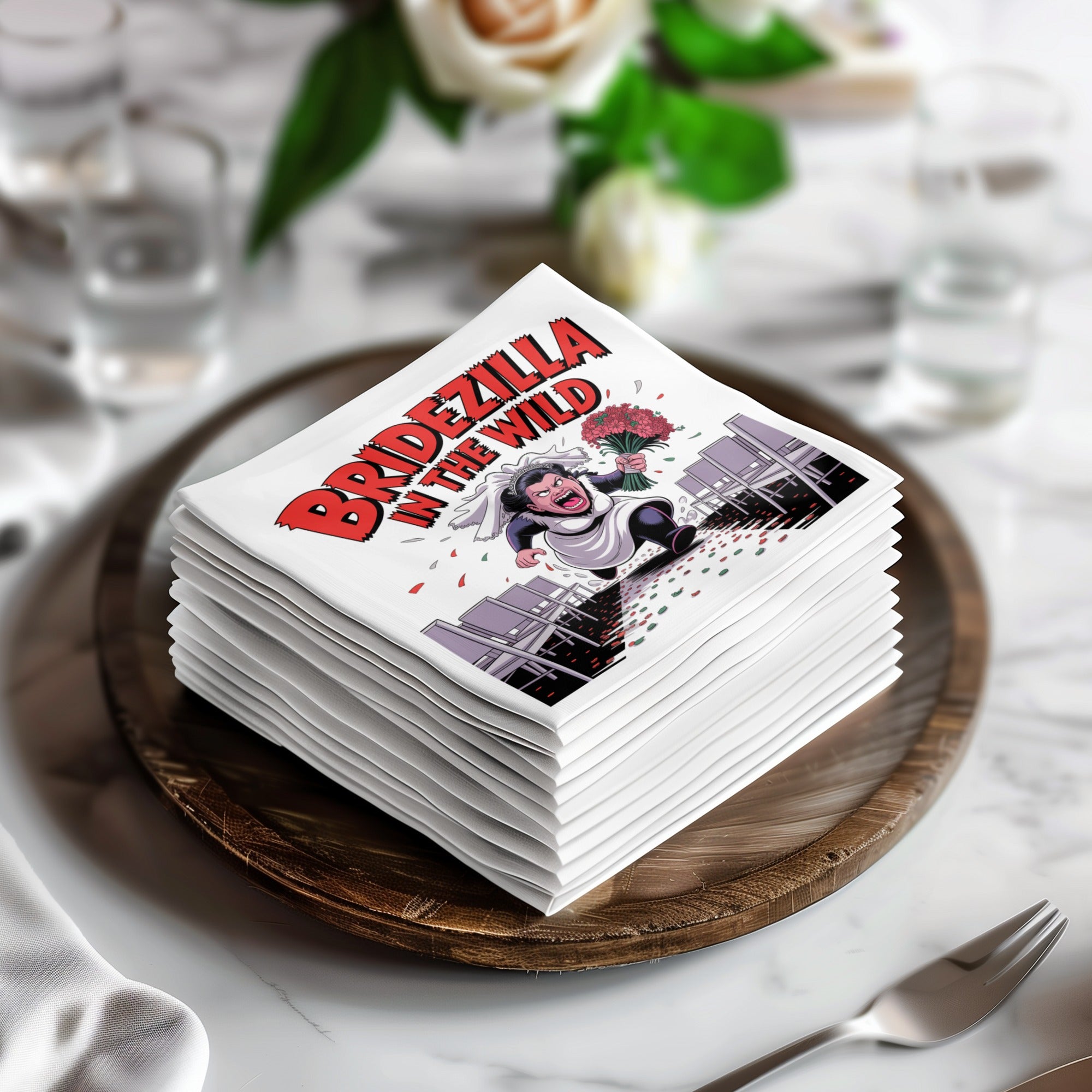 Wedding napkins with "BRIDEZILLA IN THE WILD" text and cartoon bride on wooden tray.