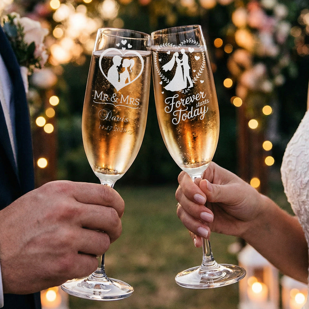 Champagne flutes toast, engraved with "Mr & Mrs Davis" and "Forever starts Today."