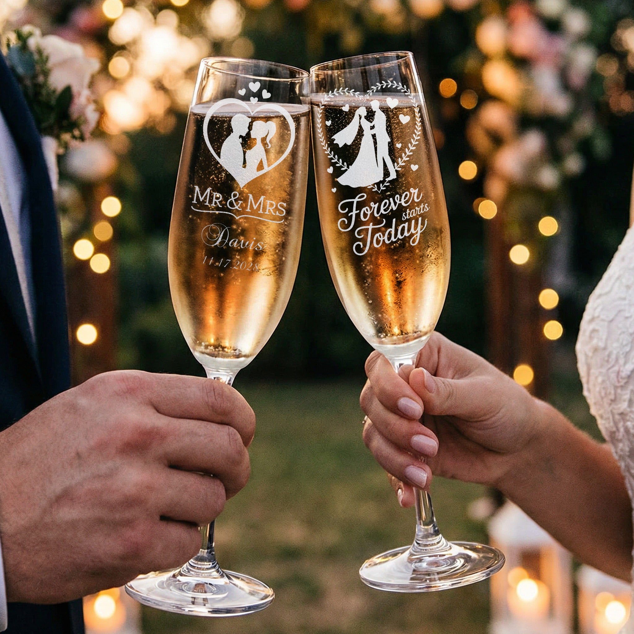 Champagne flutes toast, engraved with "Mr & Mrs Davis" and "Forever starts Today."
