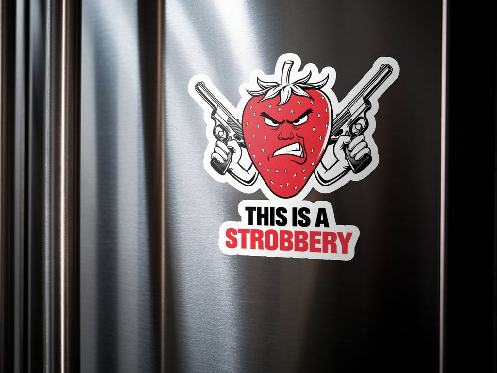 Strawberry sticker with guns and text "THIS IS A STROBBERY".