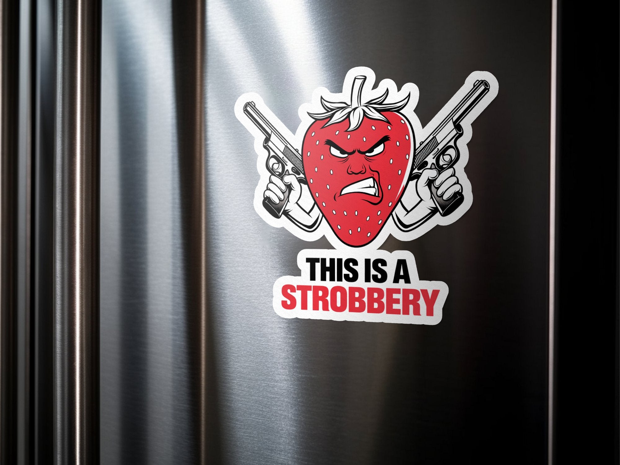 Strawberry sticker with guns and text "THIS IS A STROBBERY".
