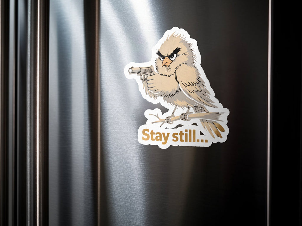 Angry bird holding a gun with text "Stay still" on a branch.
