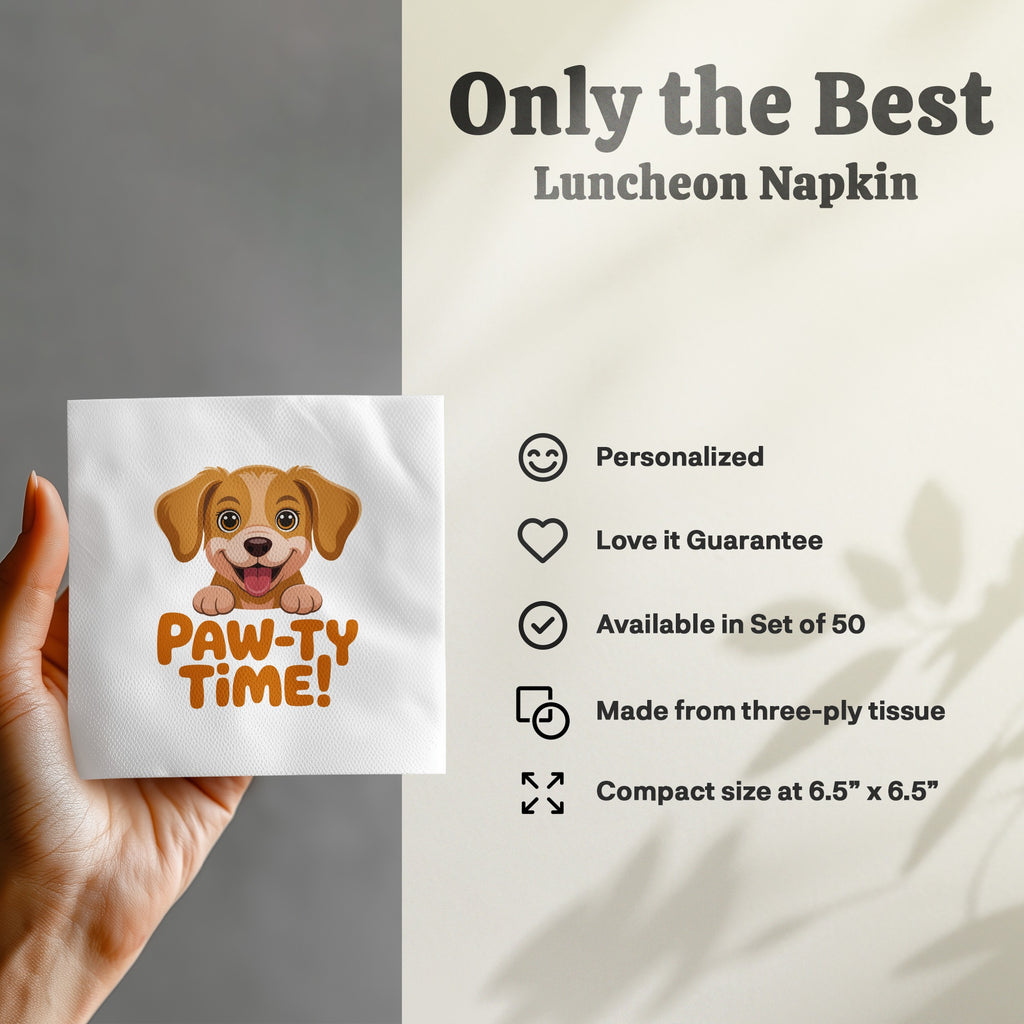Luncheon napkin with "PAW-TY TIME!" and a puppy illustration.