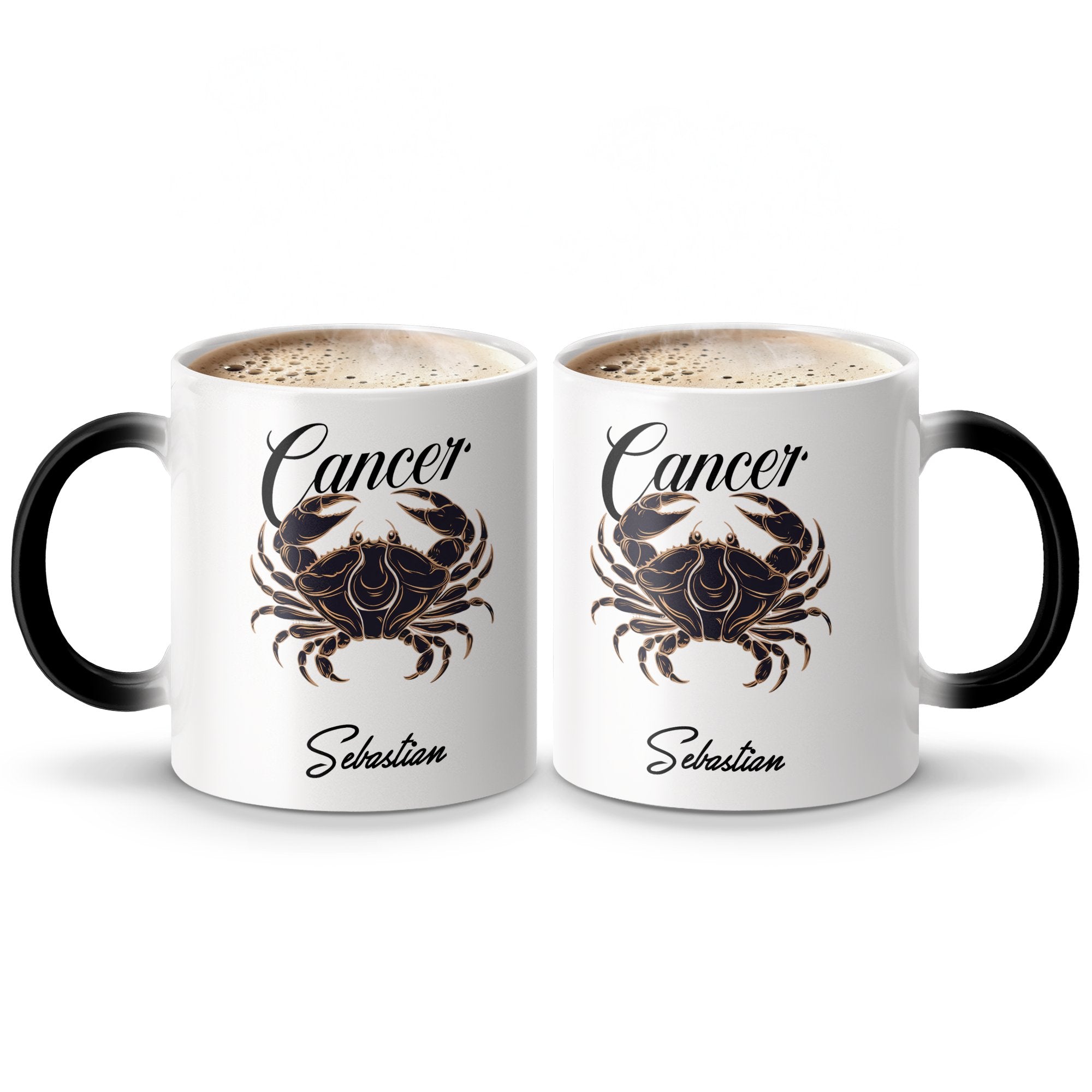 Two white mugs with black color-changing rims, featuring the Cancer zodiac symbol and name.