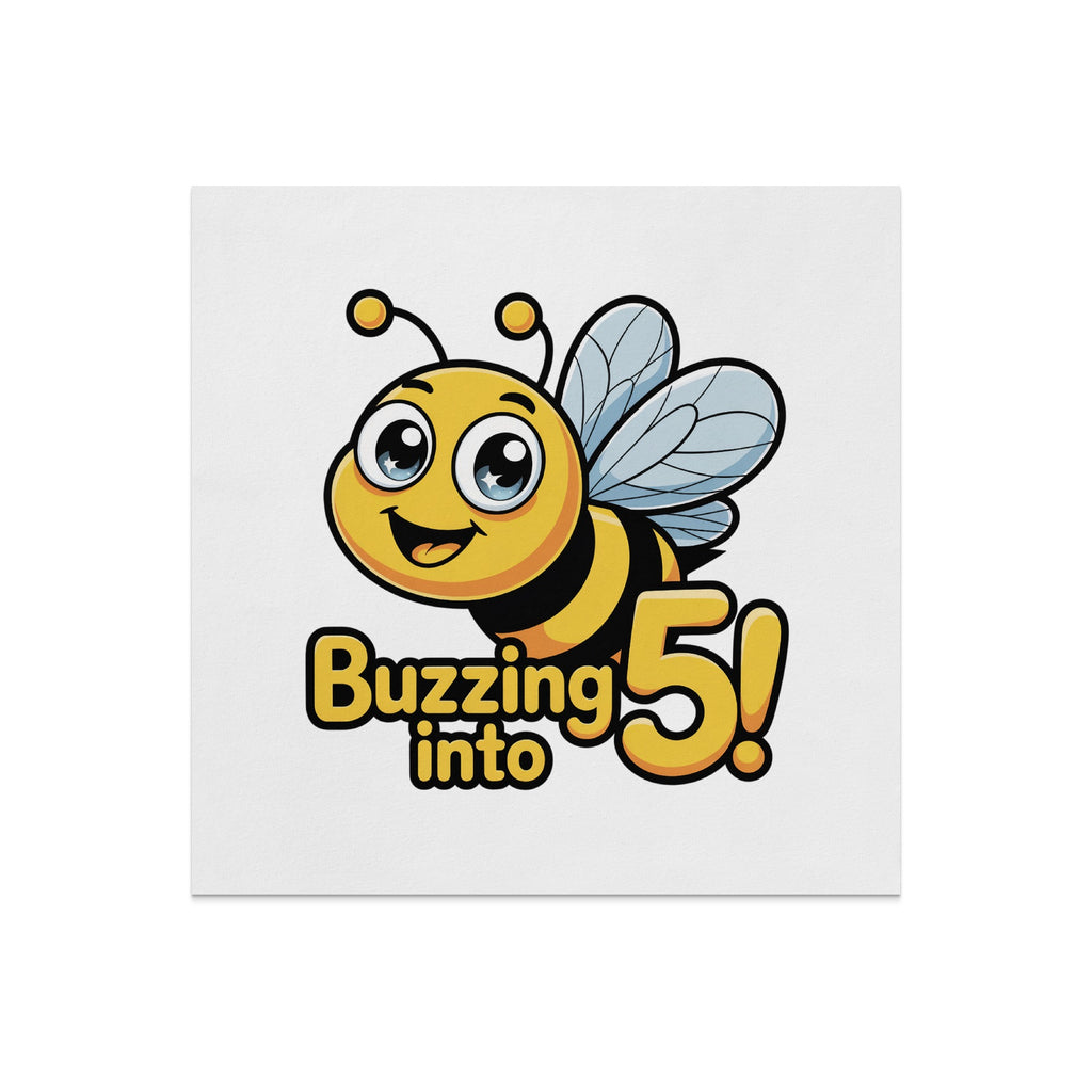 Cartoon bee with "Buzzing into 5!" text, celebrating a fifth birthday.