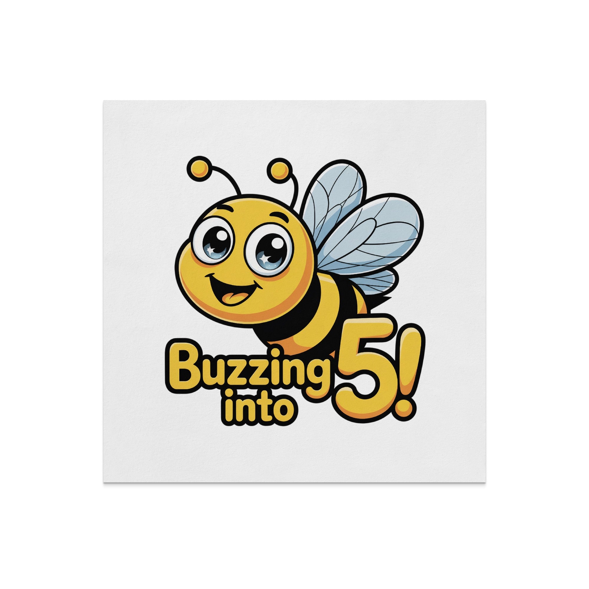 Cartoon bee with "Buzzing into 5!" text, celebrating a fifth birthday.