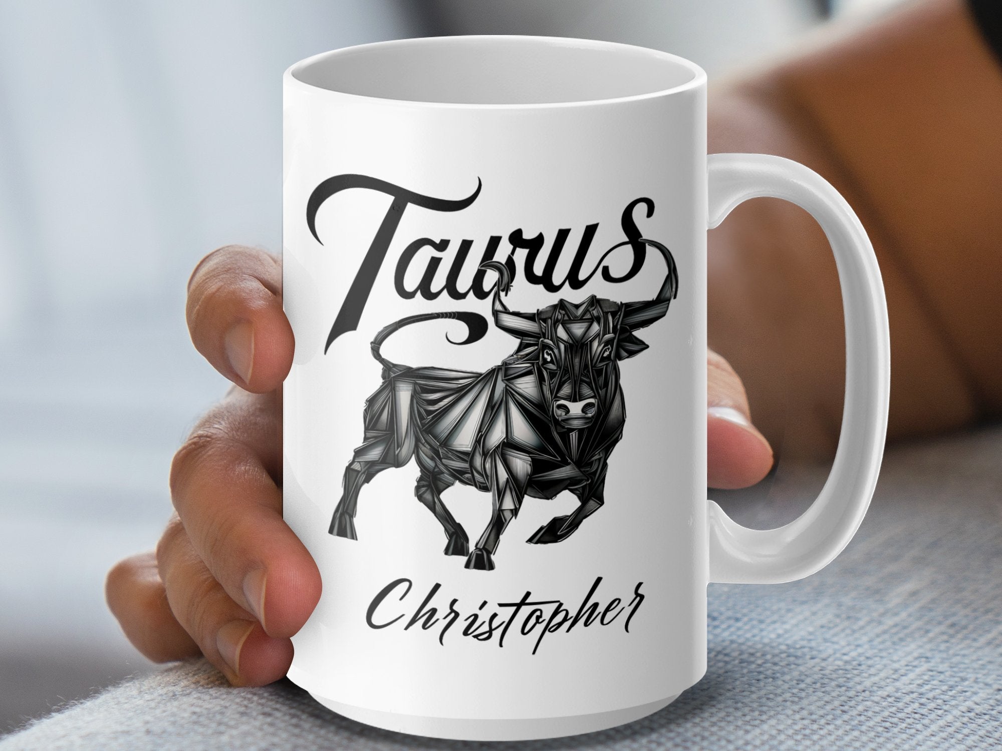 White mug with stylized Taurus bull graphic and "Christopher" text.