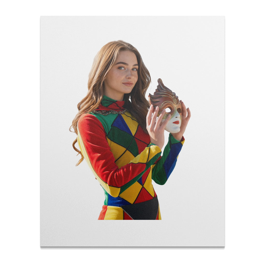 Young woman in colorful harlequin outfit holding ornate Venetian mask.