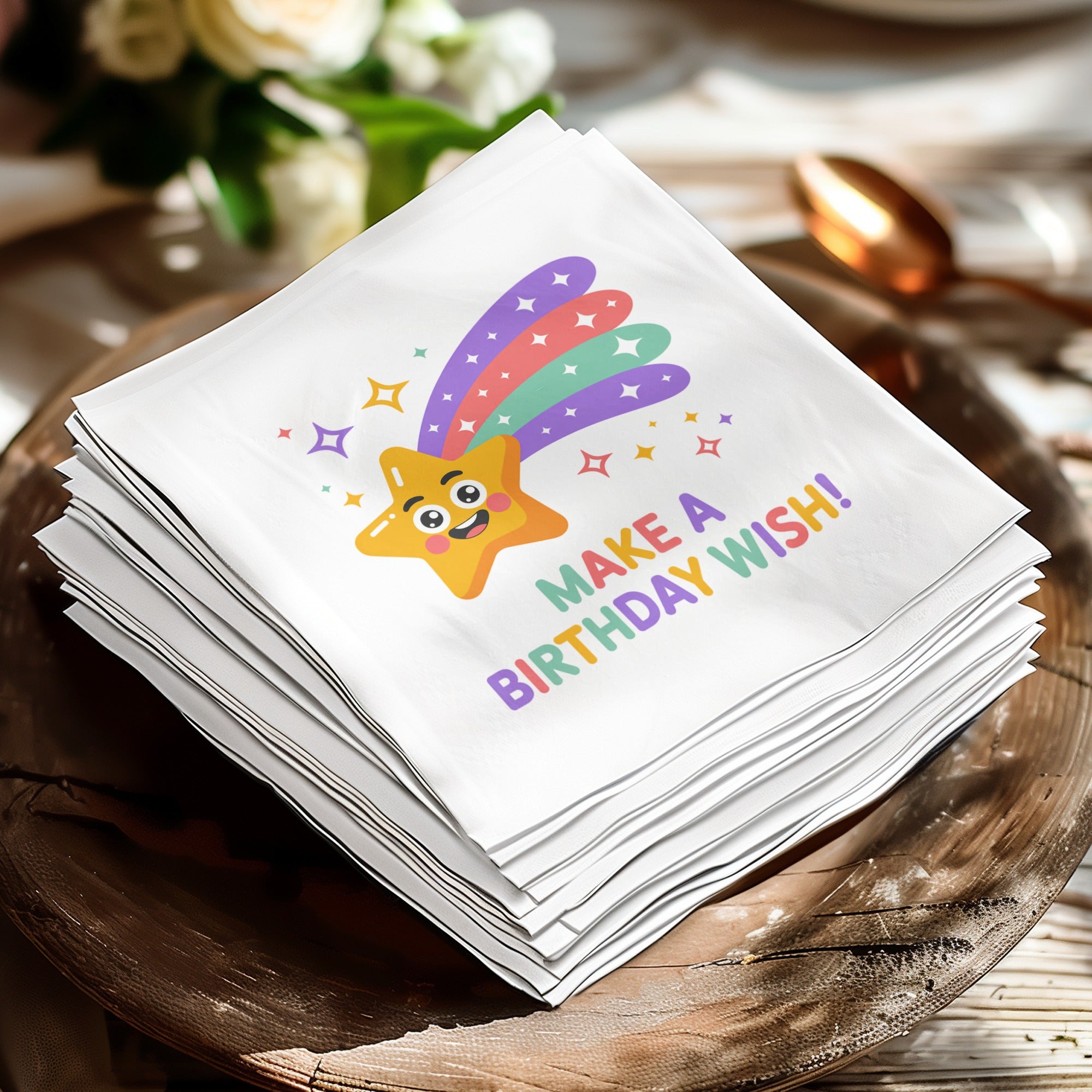 Stack of white napkins with a smiling cartoon star and "Make a birthday wish!" text.