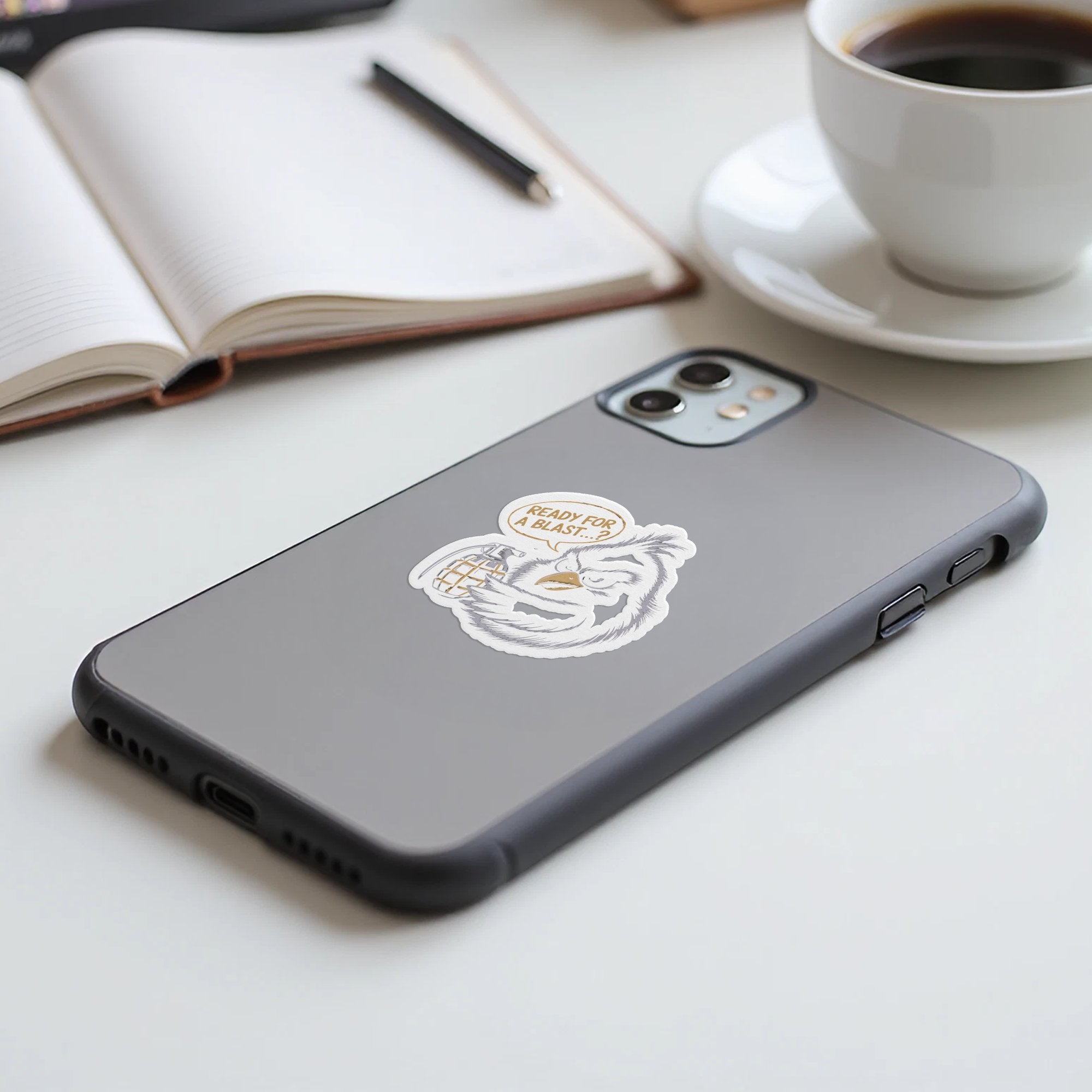 Owl sticker on phone saying "Ready for a blast?"