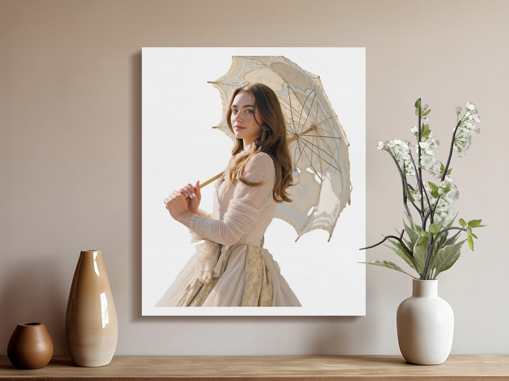 Woman in vintage dress holding ornate umbrella on white background.
