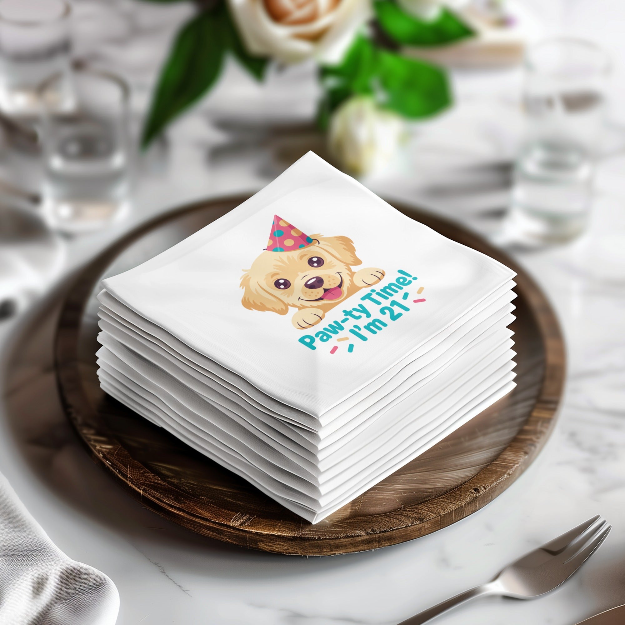 Stack of napkins featuring a golden retriever in a party hat saying "Paw-ty Time! I'm 21!".