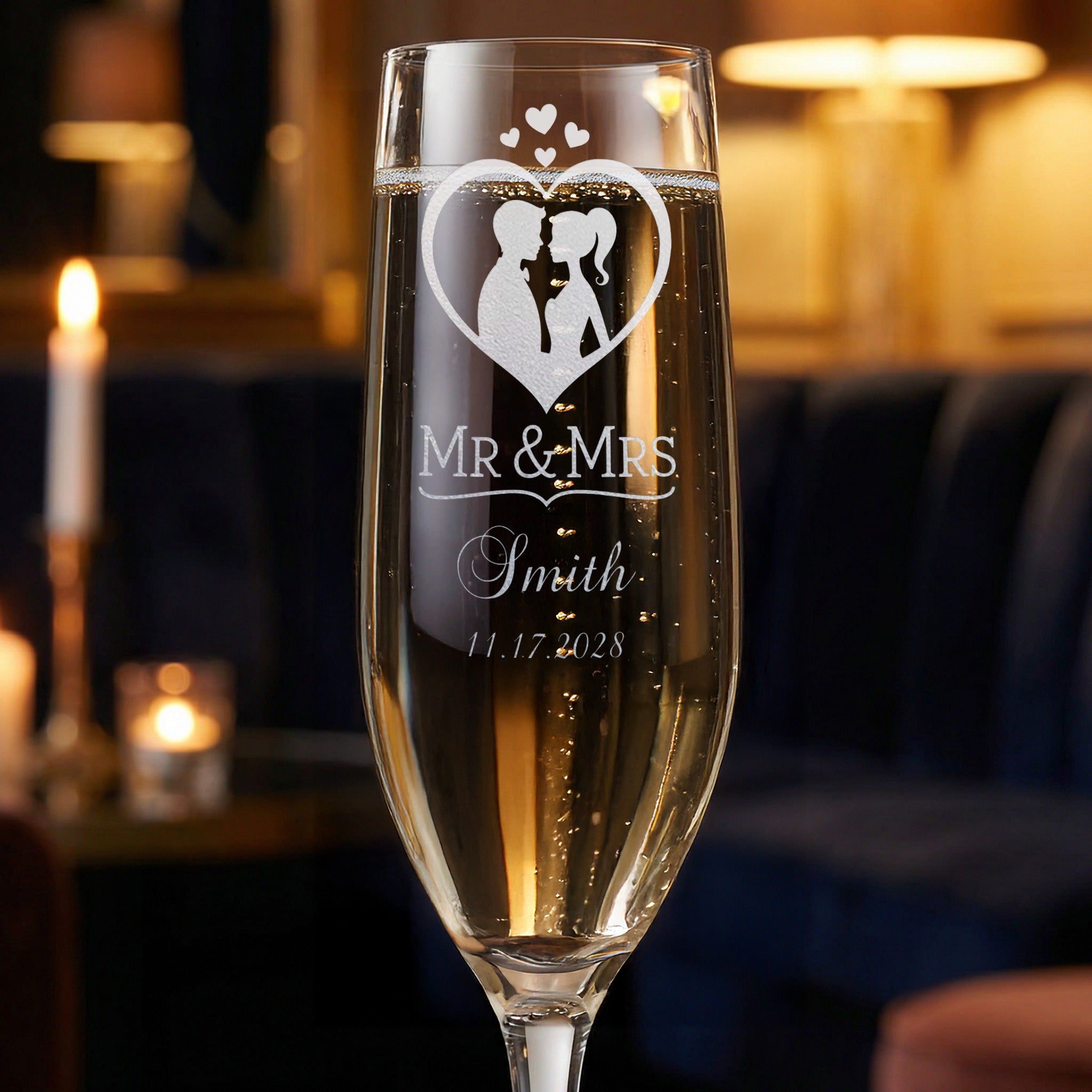 Champagne flute with Mr & Mrs Smith etched, dated 11.17.2028.